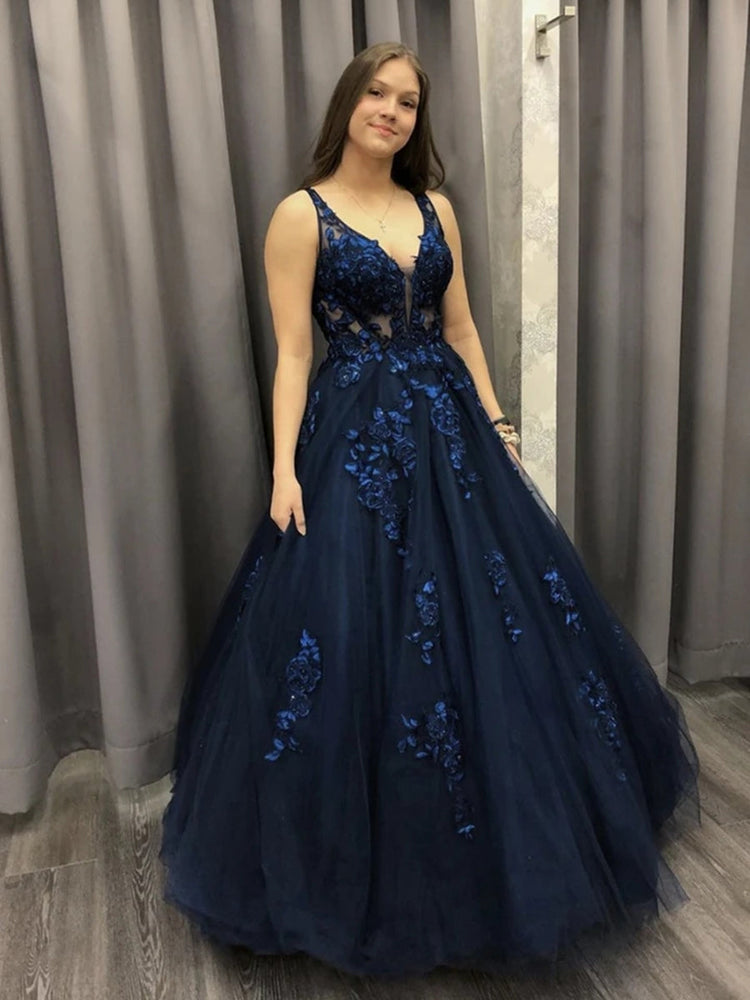 
                      
                        V Neck Dark Blue Lace Long Prom Dresses, Dark Blue Lace Formal Dresses, Dark Blue Evening Dresses, Ball Gown
                      
                    