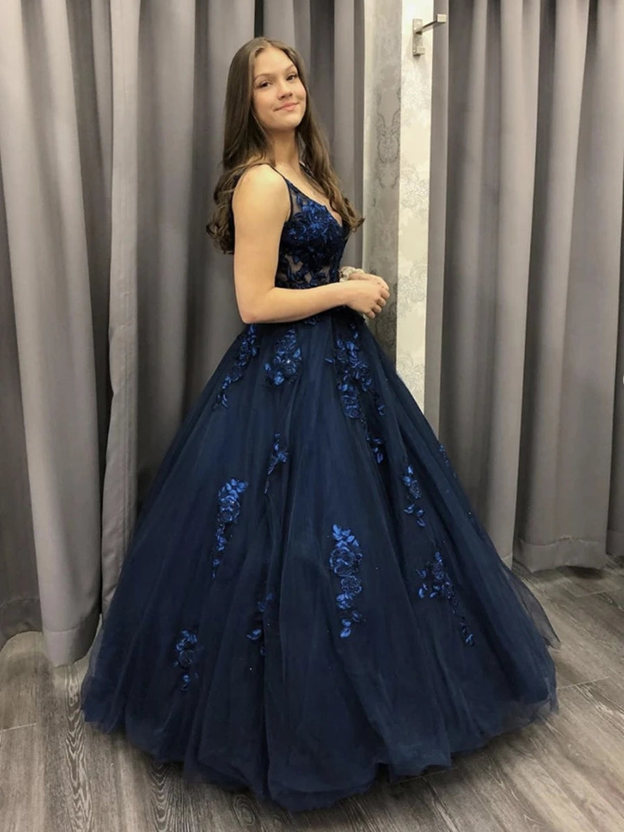 V Neck Dark Blue Lace Long Prom Dresses, Dark Blue Lace Formal Dresses, Dark Blue Evening Dresses, Ball Gown