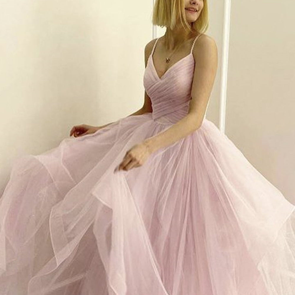 
                      
                        V Neck Fluffy Pink Long Prom Dresses, V Neck Pink Formal Evening Dresses, Pink Ball Gown
                      
                    