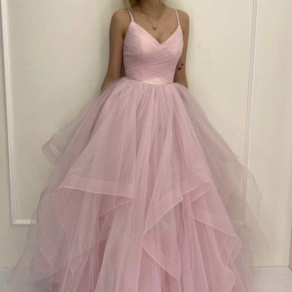 V Neck Fluffy Pink Long Prom Dresses, V Neck Pink Formal Evening Dresses, Pink Ball Gown