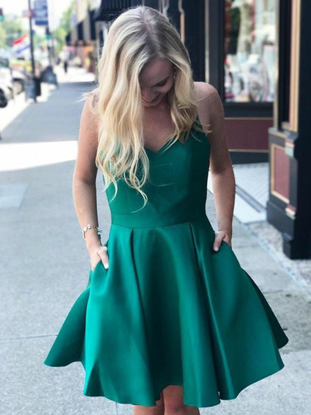 V Neck Green Satin Short Prom Dresses, Short Green Homecoming Graduation Dresses, Open Back Green Formal Evening Dresses