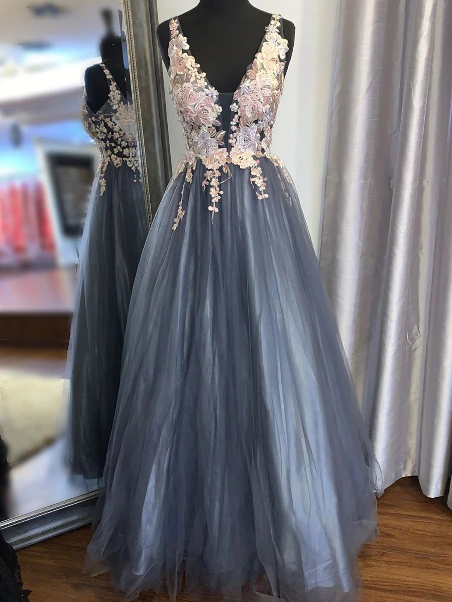 V Neck Lace Appliques Smoke Blue Long Prom Dresses, Smoke Blue Formal Graduation Evening Dresses with Appliques