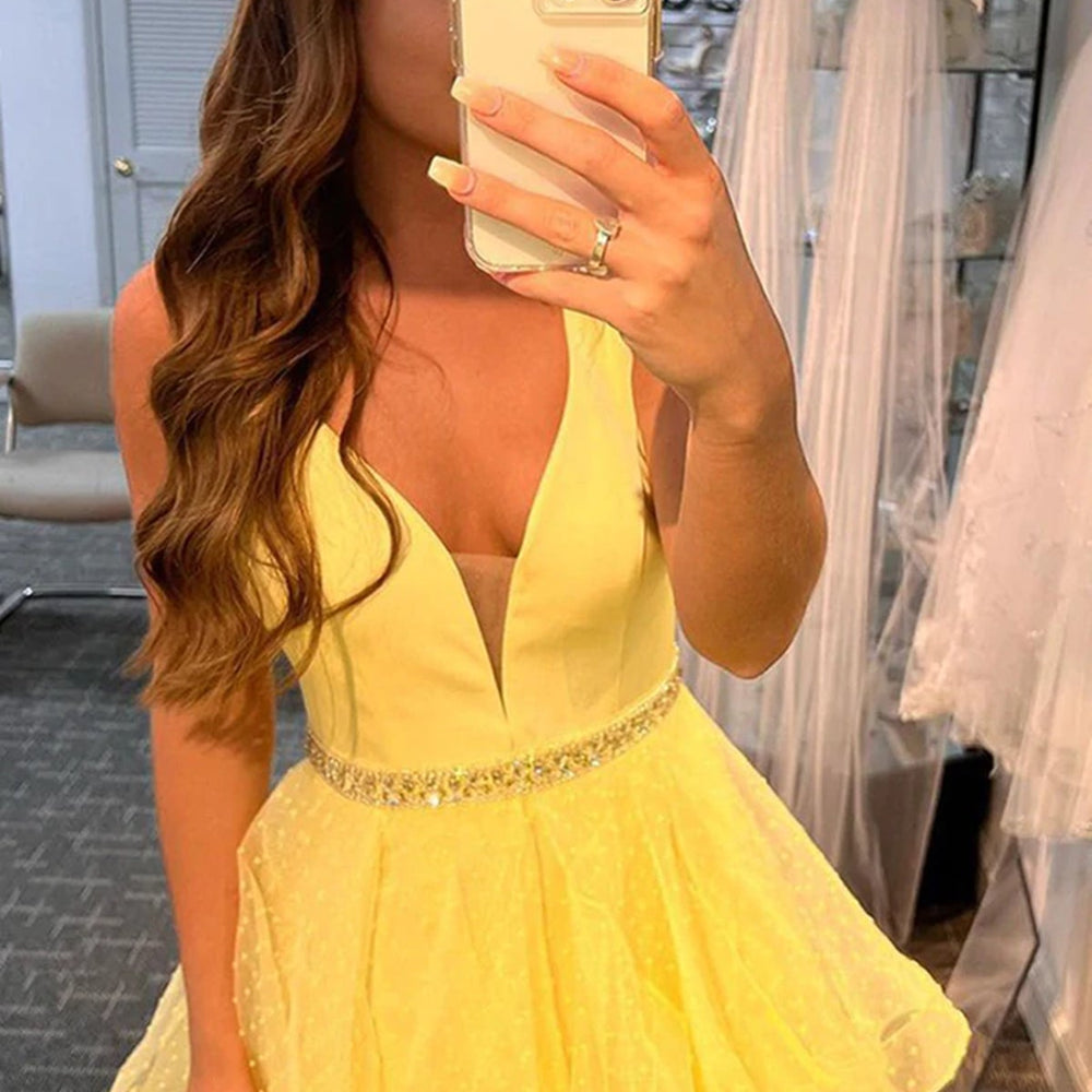 
                      
                        V Neck Layered Yellow Tulle Long Prom Dresses with Belt, V Neck Yellow Formal Graduation Evening Dresses 
                      
                    