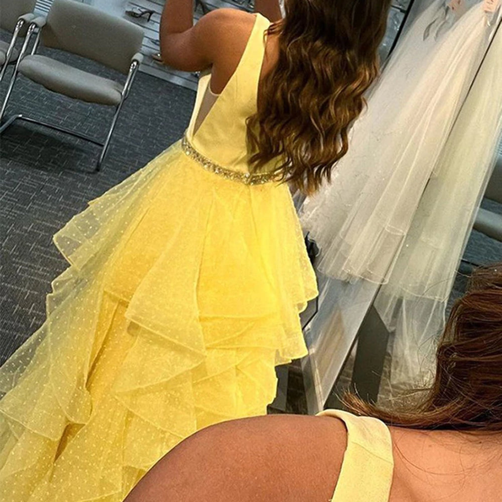 
                      
                        V Neck Layered Yellow Tulle Long Prom Dresses with Belt, V Neck Yellow Formal Graduation Evening Dresses 
                      
                    