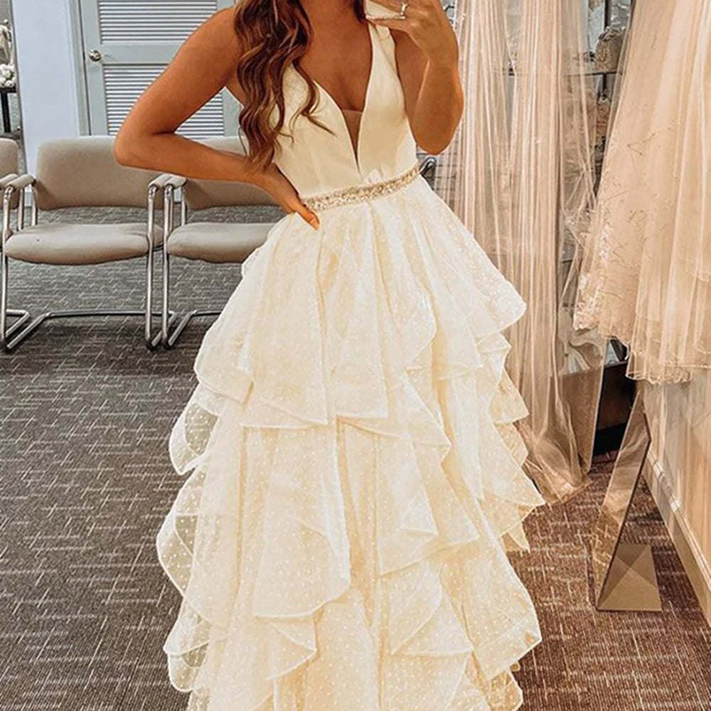 
                      
                        V Neck Layered Yellow Tulle Long Prom Dresses with Belt, V Neck Yellow Formal Graduation Evening Dresses 
                      
                    