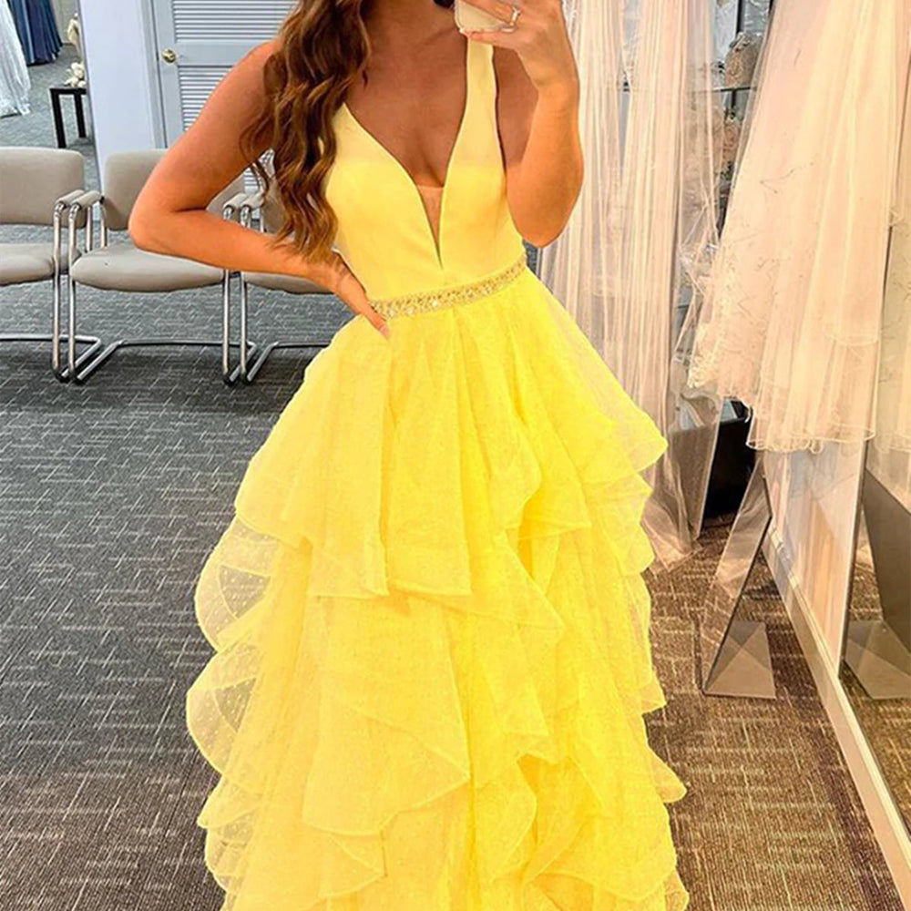 
                      
                        V Neck Layered Yellow Tulle Long Prom Dresses with Belt, V Neck Yellow Formal Graduation Evening Dresses 
                      
                    