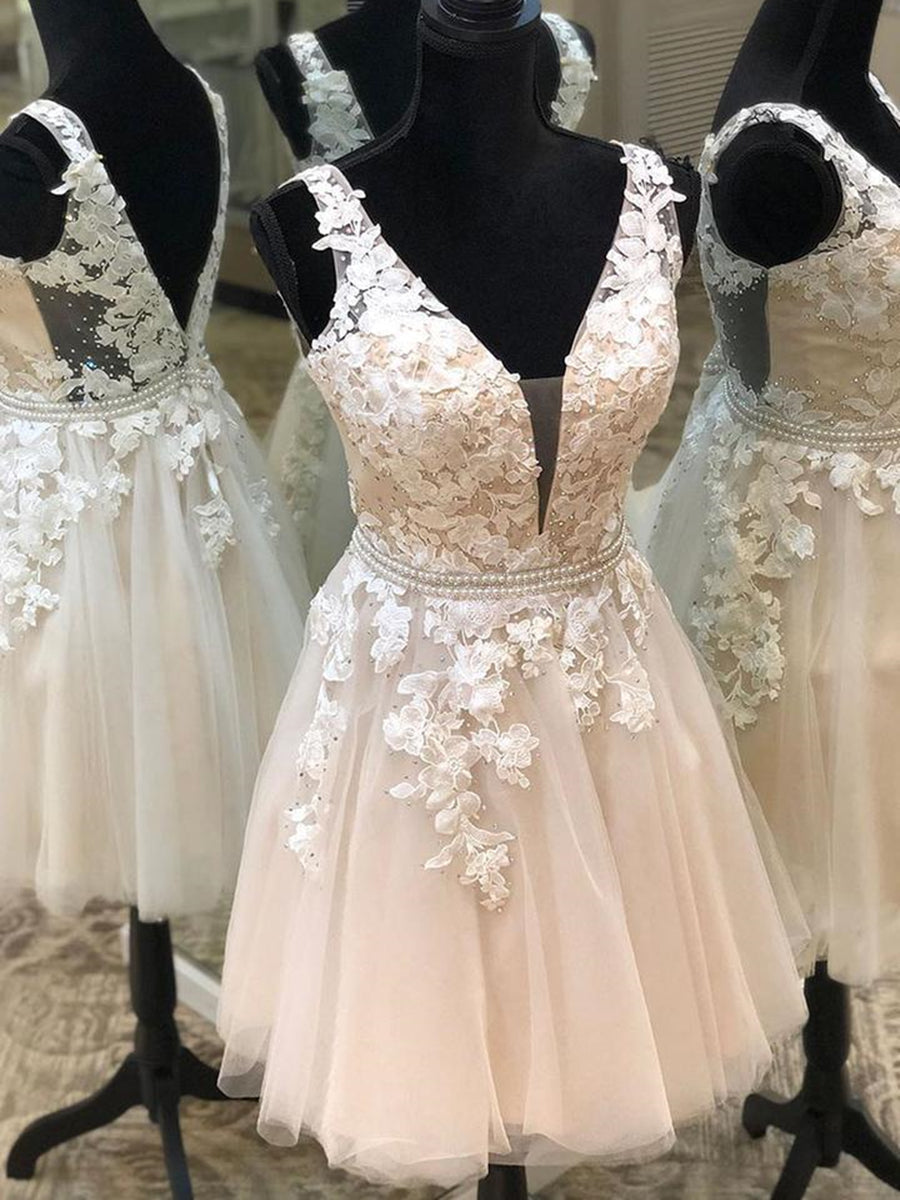 V Neck Light Champagne Lace Floral Short Prom Dresses, Light Champagne Lace Formal Graduation Homecoming Dresses