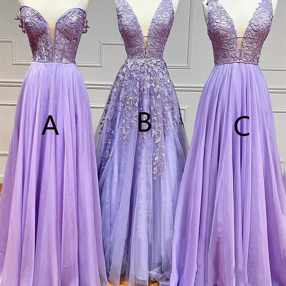 V Neck Lilac Lace Long Prom Dresses, Off Shoulder Lilac Formal Dresses, Lilac Lace Evening Dresses 