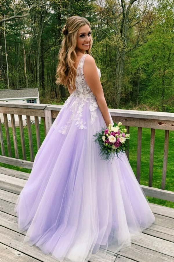 V Neck Lilac Tulle Long Prom Dresses With White Lace WP395