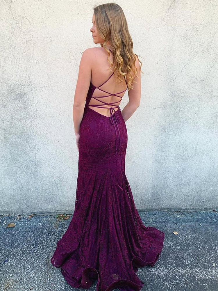 
                      
                        V Neck Long Backless Mermaid Lace Purple Prom Dresses, Backless Mermaid Purple Lace Formal Dresses, Mermaid Lace Purple Evening Dresses
                      
                    