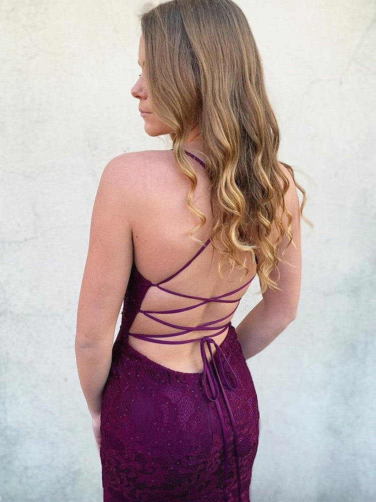 
                      
                        V Neck Long Backless Mermaid Lace Purple Prom Dresses, Backless Mermaid Purple Lace Formal Dresses, Mermaid Lace Purple Evening Dresses
                      
                    