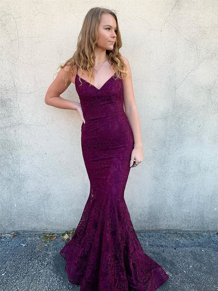 
                      
                        V Neck Long Backless Mermaid Lace Purple Prom Dresses, Backless Mermaid Purple Lace Formal Dresses, Mermaid Lace Purple Evening Dresses
                      
                    