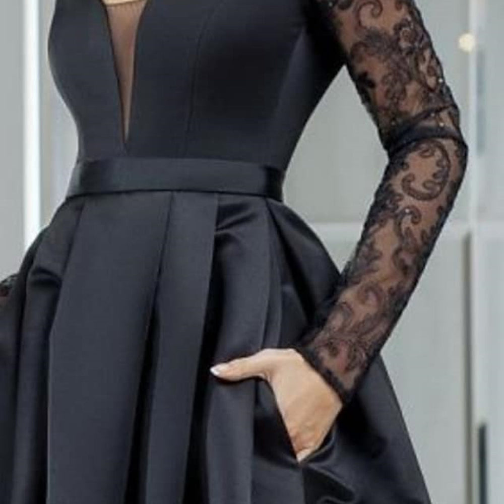 
                      
                        V Neck Long Sleeves Black Lace Long Prom Dresses, High Low Black Formal Dresses, Black Lace Evening Dresses 
                      
                    