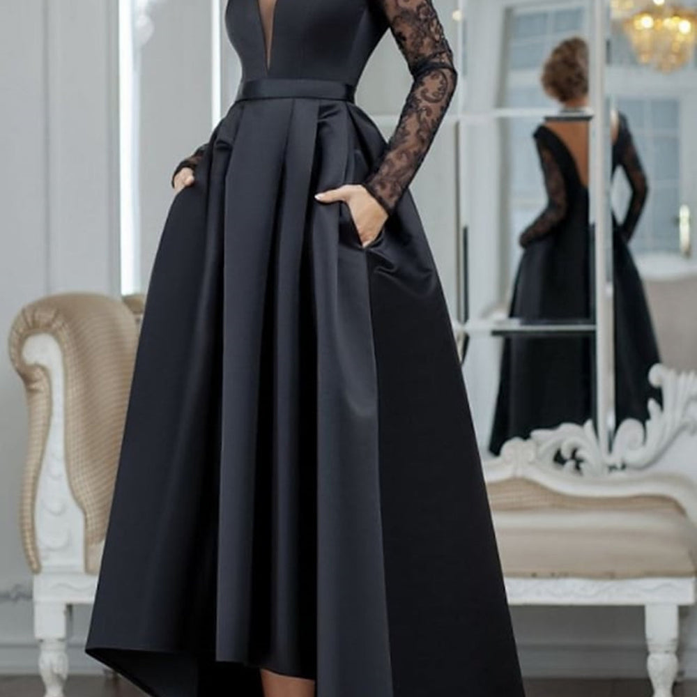 V Neck Long Sleeves Black Lace Long Prom Dresses, High Low Black Formal Dresses, Black Lace Evening Dresses 