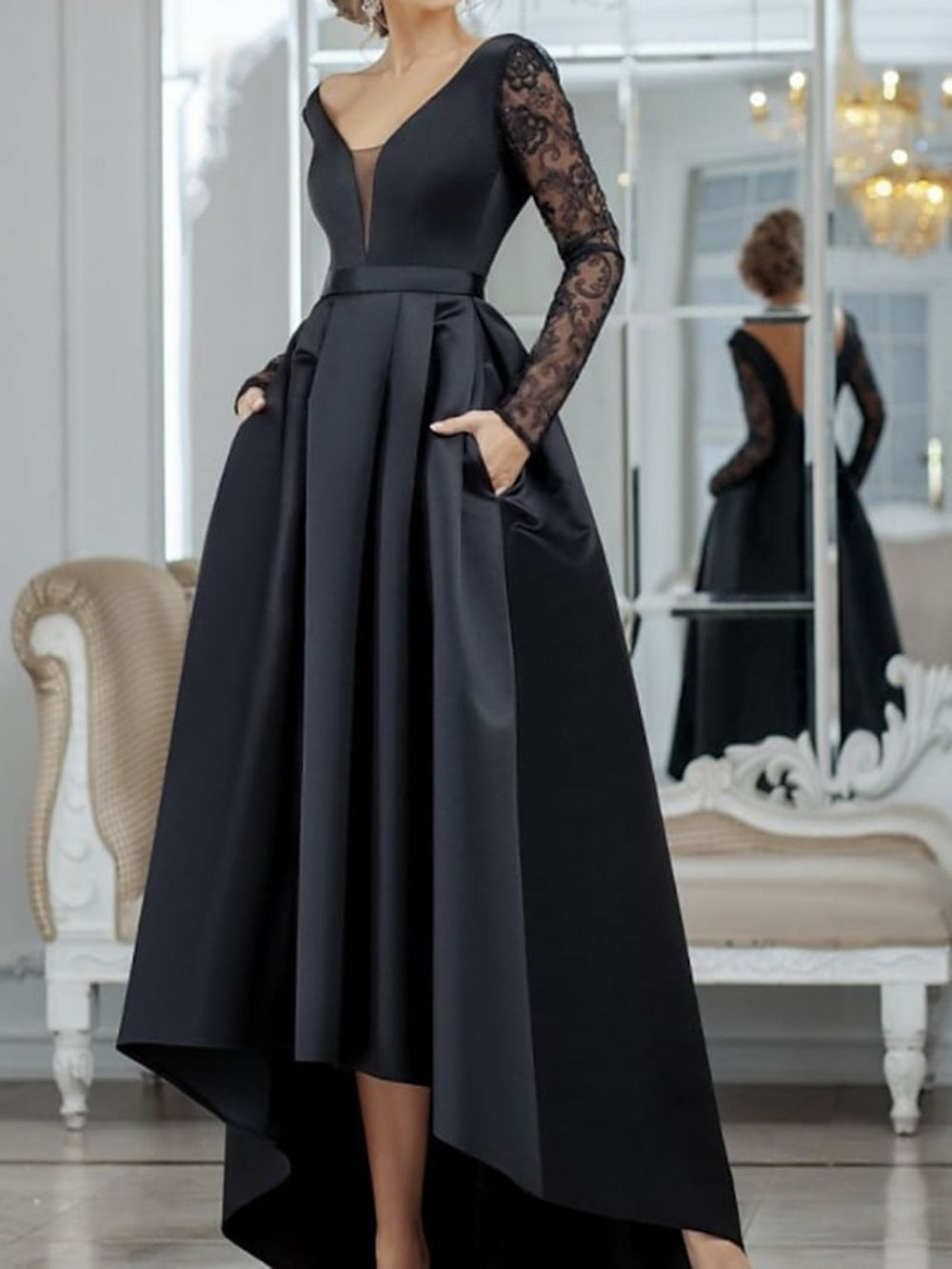 V Neck Long Sleeves Black Lace Long Prom Dresses, High Low Black Formal Dresses, Black Lace Evening Dresses 