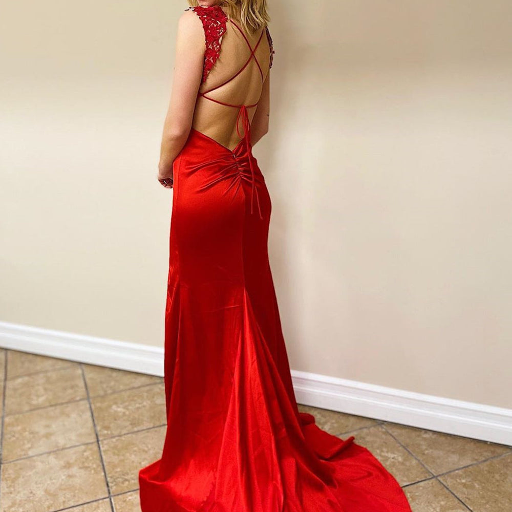 
                      
                        V Neck Mermaid Backless Red Lace Long Prom Dresses with Slit, Mermaid Red Formal Dresses, Red Lace Evening Dresses
                      
                    