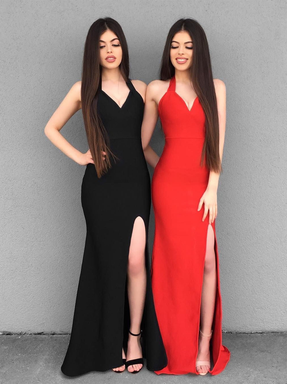 V Neck Mermaid Black/Red Long Prom Dresses with Side Slit, Mermaid Black/Red Bridesmaid Dresses, Graduation Dresses