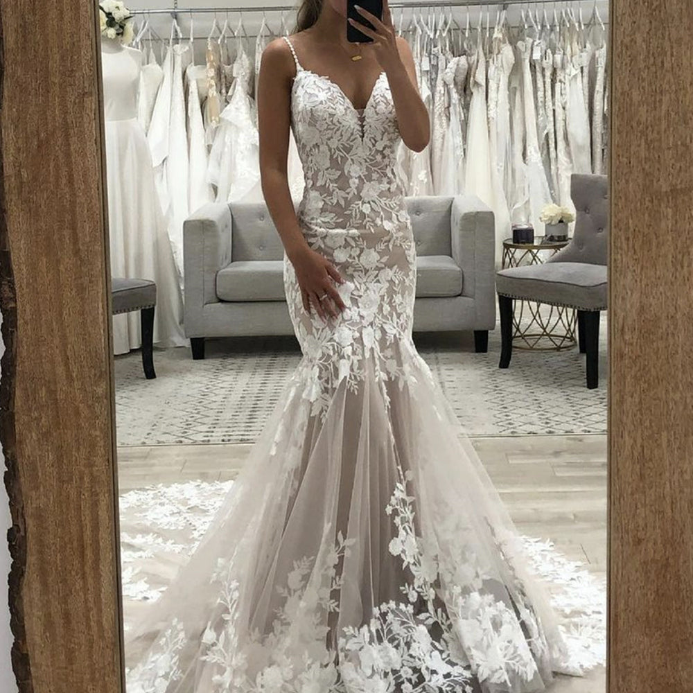 V Neck Mermaid Champagne Lace Long Prom Wedding Dresses, Mermaid Champagne Formal Dresses, Champagne Lace Evening Dresses 