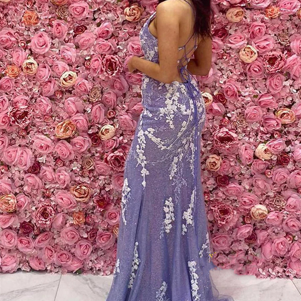 
                      
                        V Neck Mermaid Open Back Purple Lace Long Prom Dresses with High Slit, Mermaid Purple Formal Graduation Evening Dresses 
                      
                    