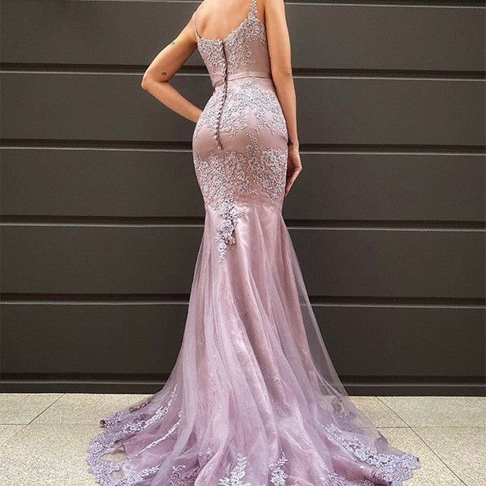 
                      
                        V Neck Mermaid Purple Lace Long Prom Dresses, Mermaid Purple Formal Dresses, Purple Lace Evening Dresses 
                      
                    