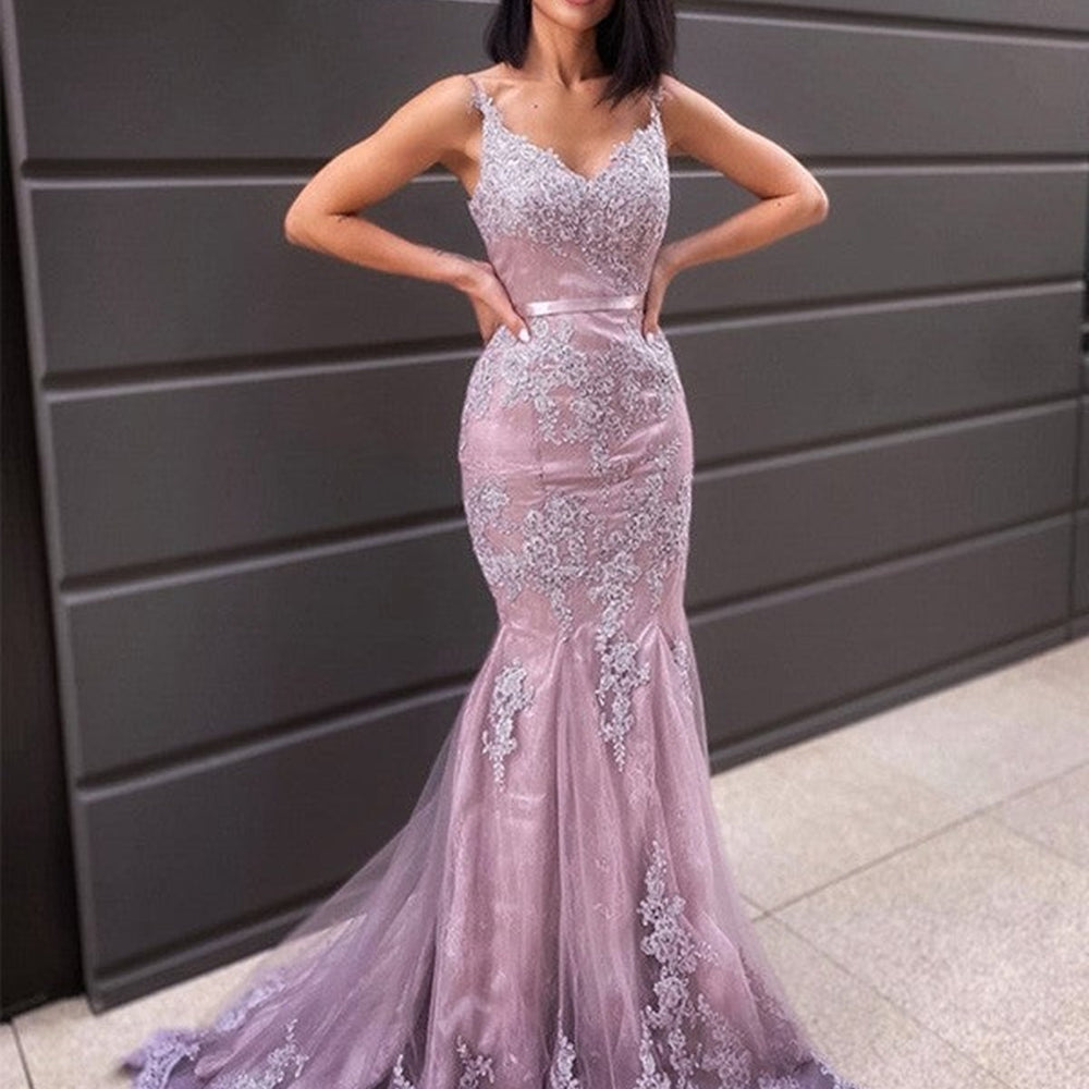 
                      
                        V Neck Mermaid Purple Lace Long Prom Dresses, Mermaid Purple Formal Dresses, Purple Lace Evening Dresses 
                      
                    