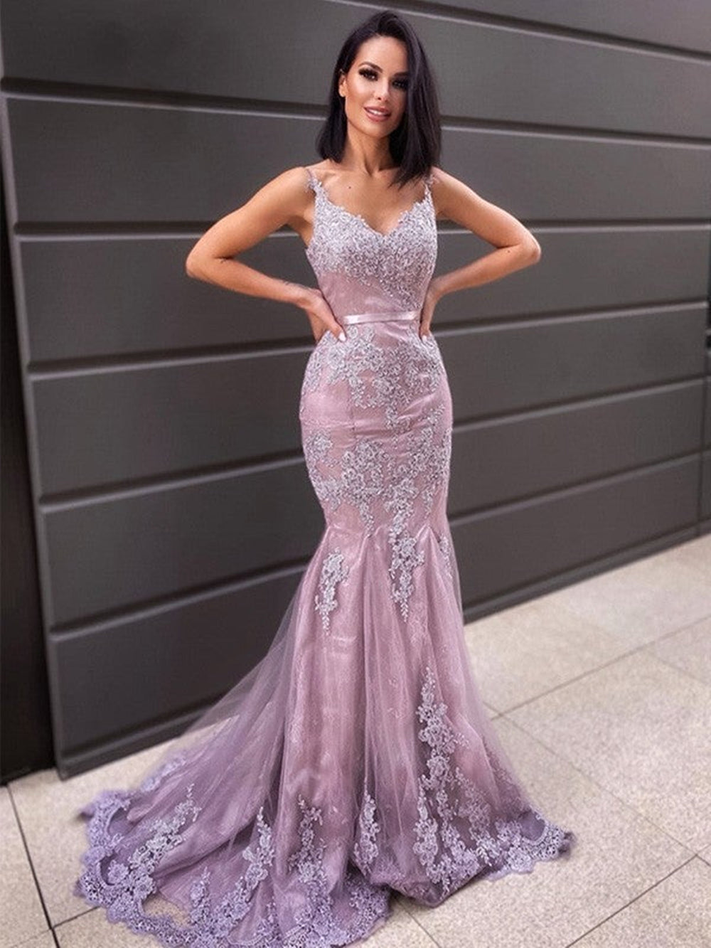 V Neck Mermaid Purple Lace Long Prom Dresses, Mermaid Purple Formal Dresses, Purple Lace Evening Dresses 