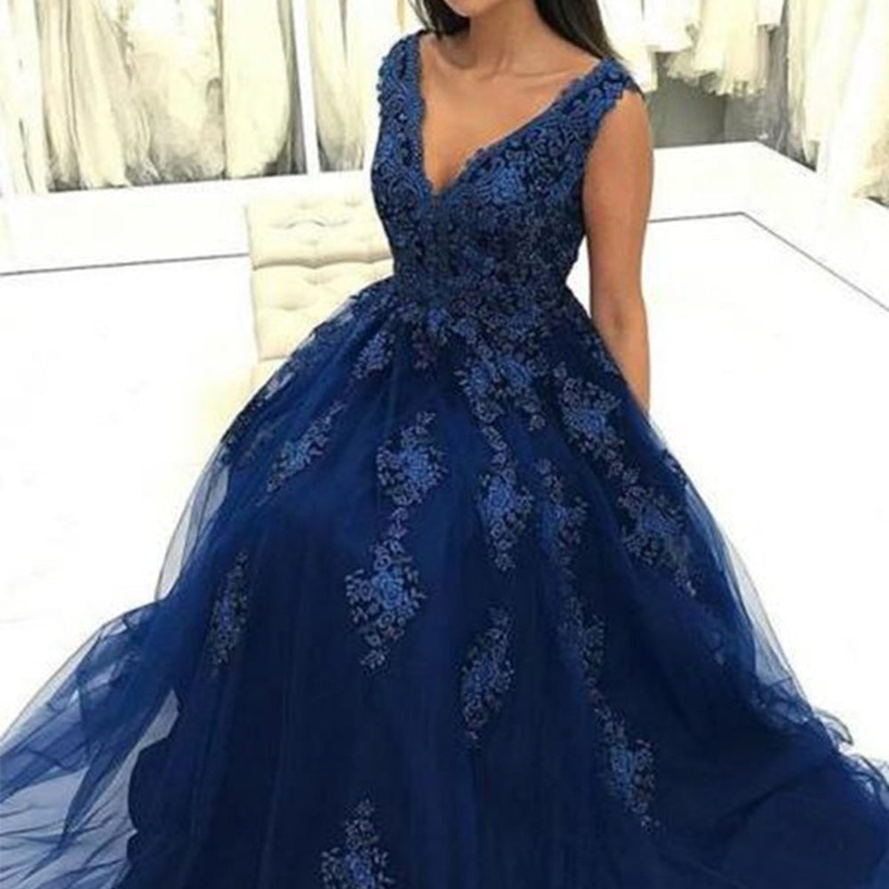 V Neck Navy Blue Lace Long Prom Dresses, Navy Blue Lace Formal Dresses, Lace Floral Evening Dresses SP271