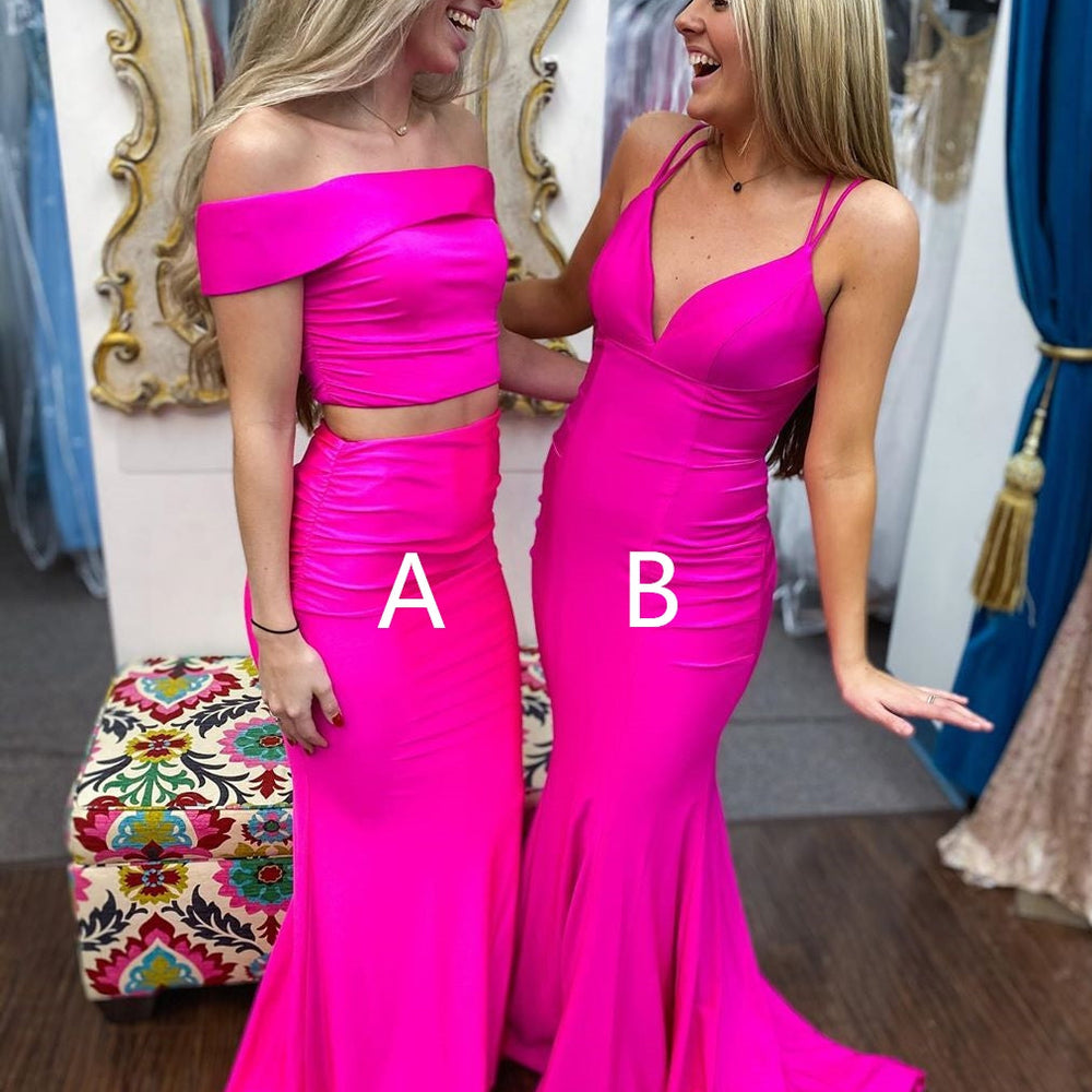 V Neck Off Shoulder Two Pieces Mermaid Long Hot Pink Prom Dresses, Off Shoulder Mermaid Hot Pink Formal Dresses, 2 Pieces Mermaid Hot Pink Evening Dresses