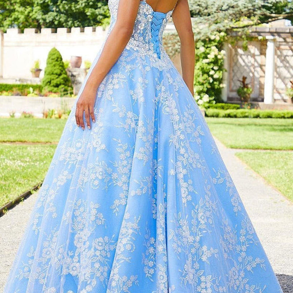 
                      
                        V Neck Open Back Blue Long Prom Dresses with Lace Appliques, Blue Lace Formal Dresses, Blue Evening Dresses 
                      
                    