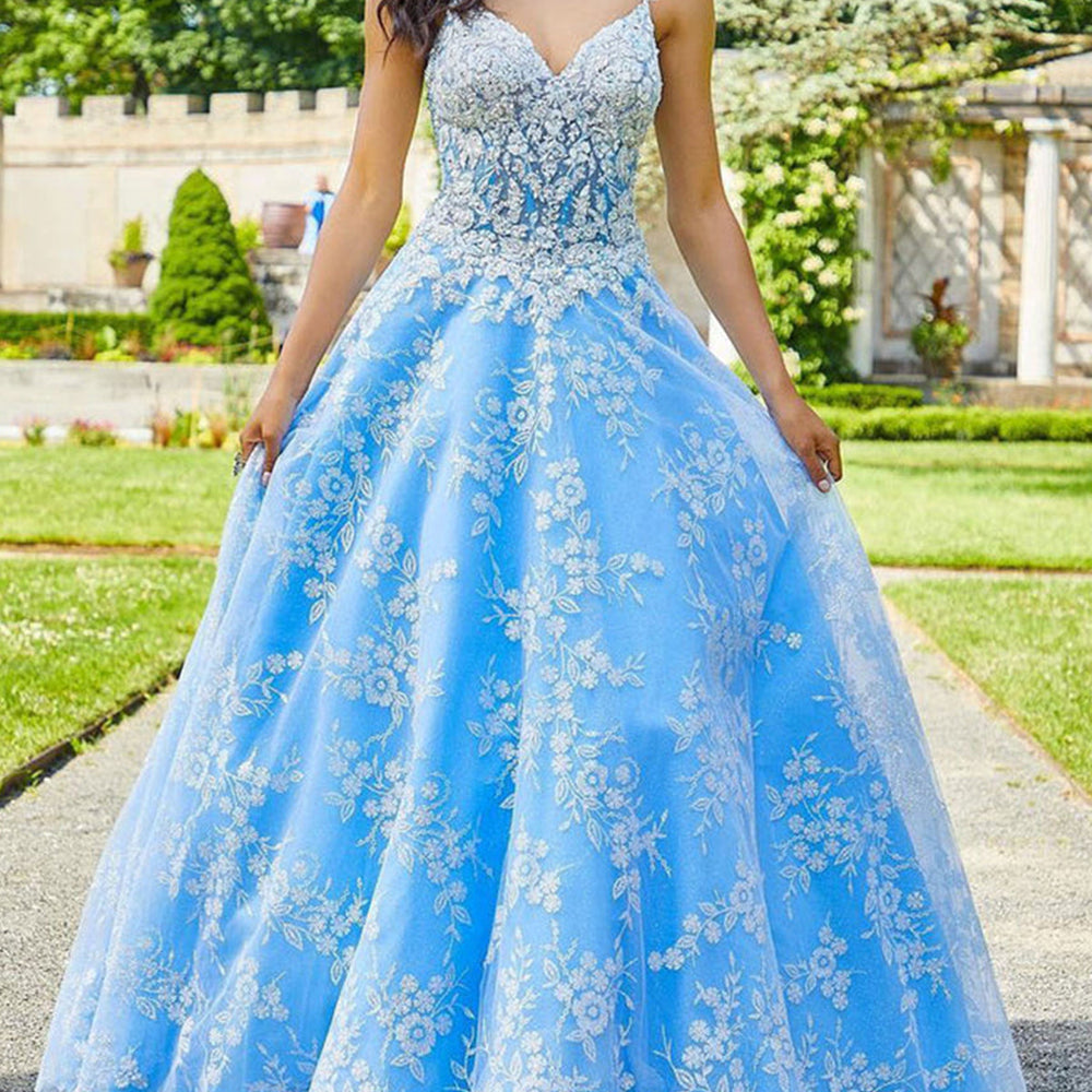 V Neck Open Back Blue Long Prom Dresses with Lace Appliques, Blue Lace Formal Dresses, Blue Evening Dresses 