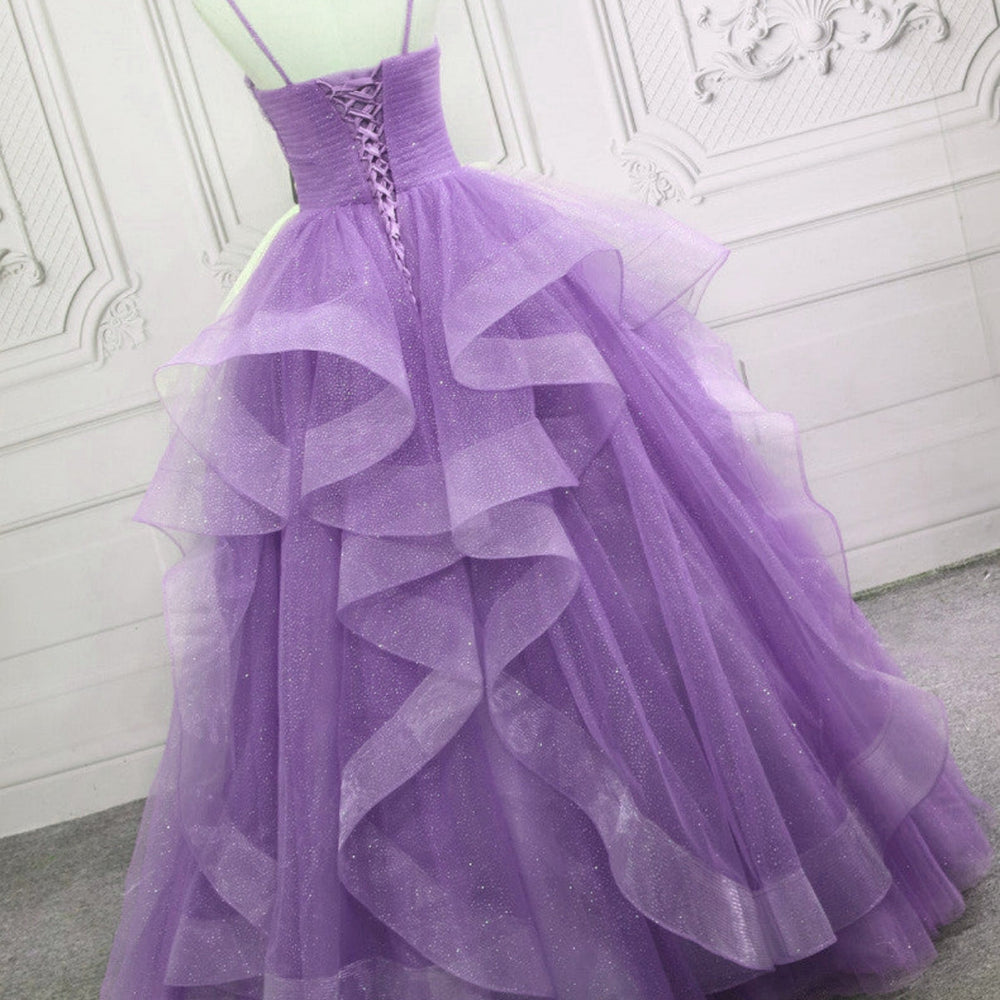 
                      
                        V Neck Open Back Fluffy Purple Tulle Long Prom Dresses, Purple Tulle Formal Evening Dresses, Purple Ball Gown 
                      
                    