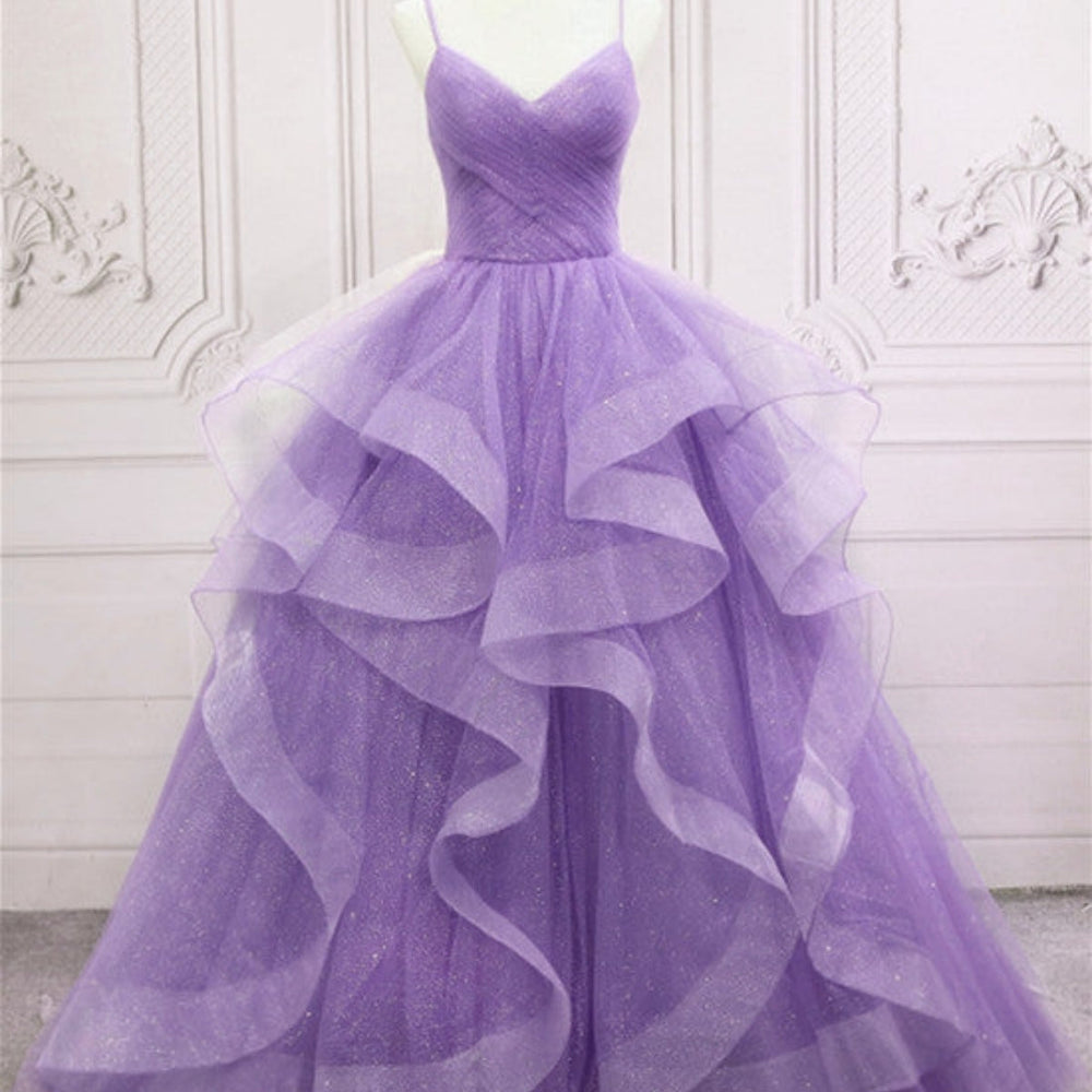 
                      
                        V Neck Open Back Fluffy Purple Tulle Long Prom Dresses, Purple Tulle Formal Evening Dresses, Purple Ball Gown 
                      
                    