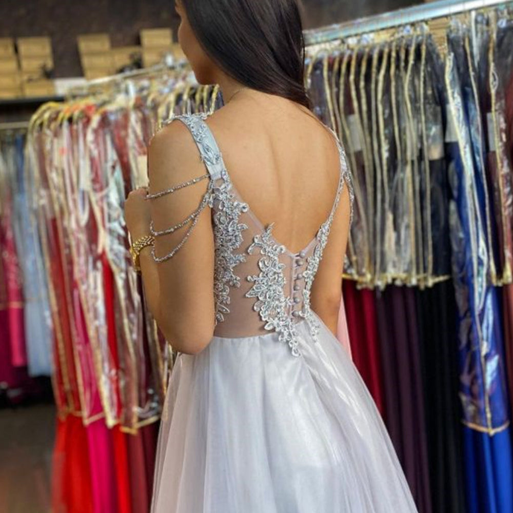 
                      
                        V Neck Open Back Gray Lace Long Prom Dresses, Long Grey Lace Formal Graduation Evening Dresses 
                      
                    