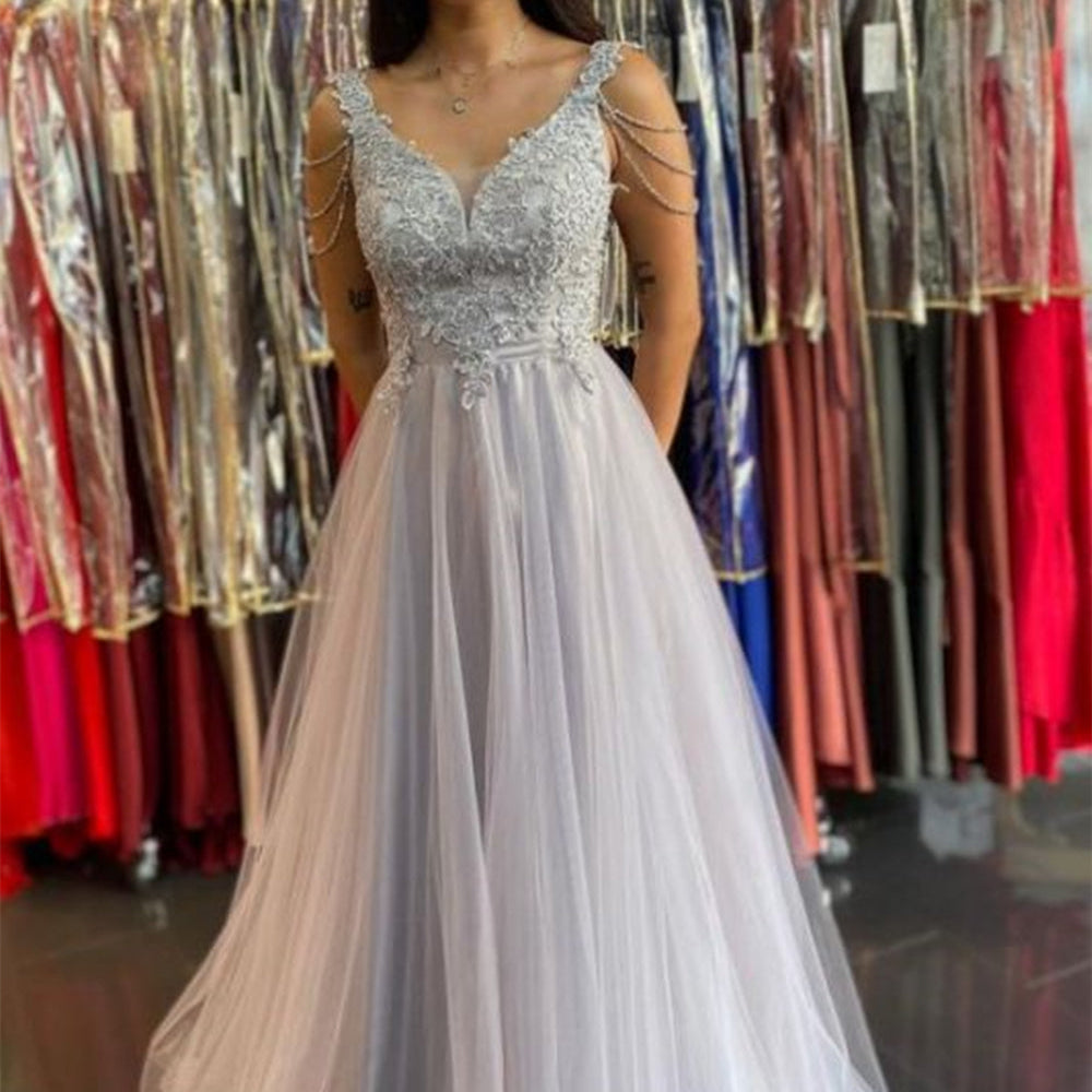 
                      
                        V Neck Open Back Gray Lace Long Prom Dresses, Long Grey Lace Formal Graduation Evening Dresses 
                      
                    