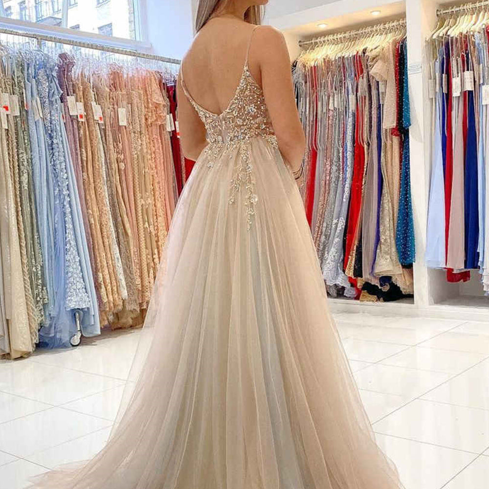 
                      
                        V Neck Open Back Gray Tulle Beaded Long Prom Dresses with High Slit, Beaded Gray Formal Evening Dresses 
                      
                    