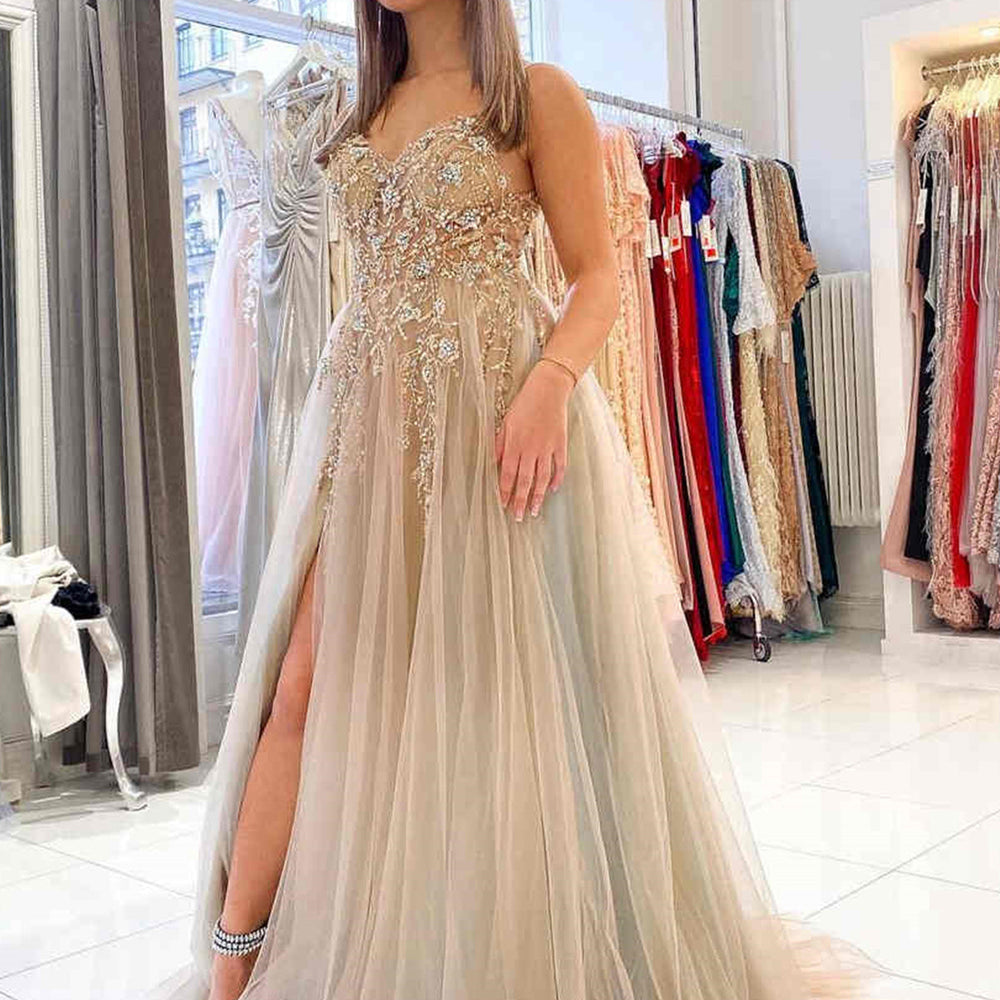 
                      
                        V Neck Open Back Gray Tulle Beaded Long Prom Dresses with High Slit, Beaded Gray Formal Evening Dresses 
                      
                    