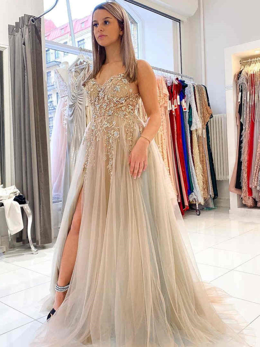 V Neck Open Back Gray Tulle Beaded Long Prom Dresses with High Slit, Beaded Gray Formal Evening Dresses 