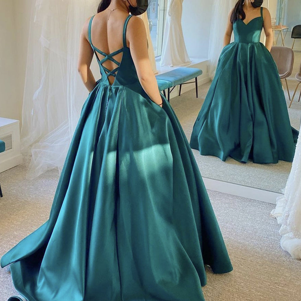 V Neck Open Back Green Satin Long Prom Dresses, V Neck Green Formal Dresses, Green Evening Dresses 