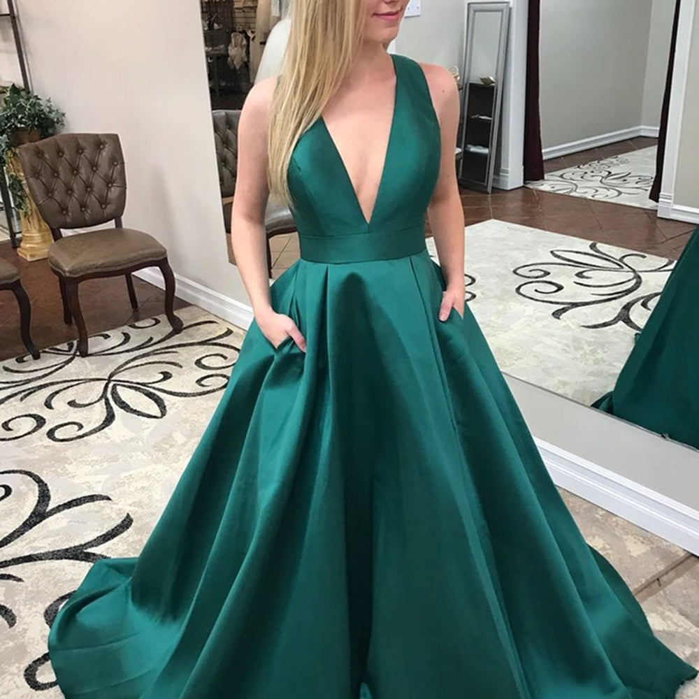 
                      
                        V Neck Open Back Green Satin Long Prom Dresses with Pocket, V Neck Green Formal Evening Dresses
                      
                    