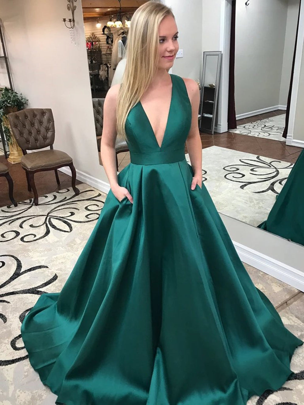 V Neck Open Back Green Satin Long Prom Dresses with Pocket, V Neck Green Formal Evening Dresses