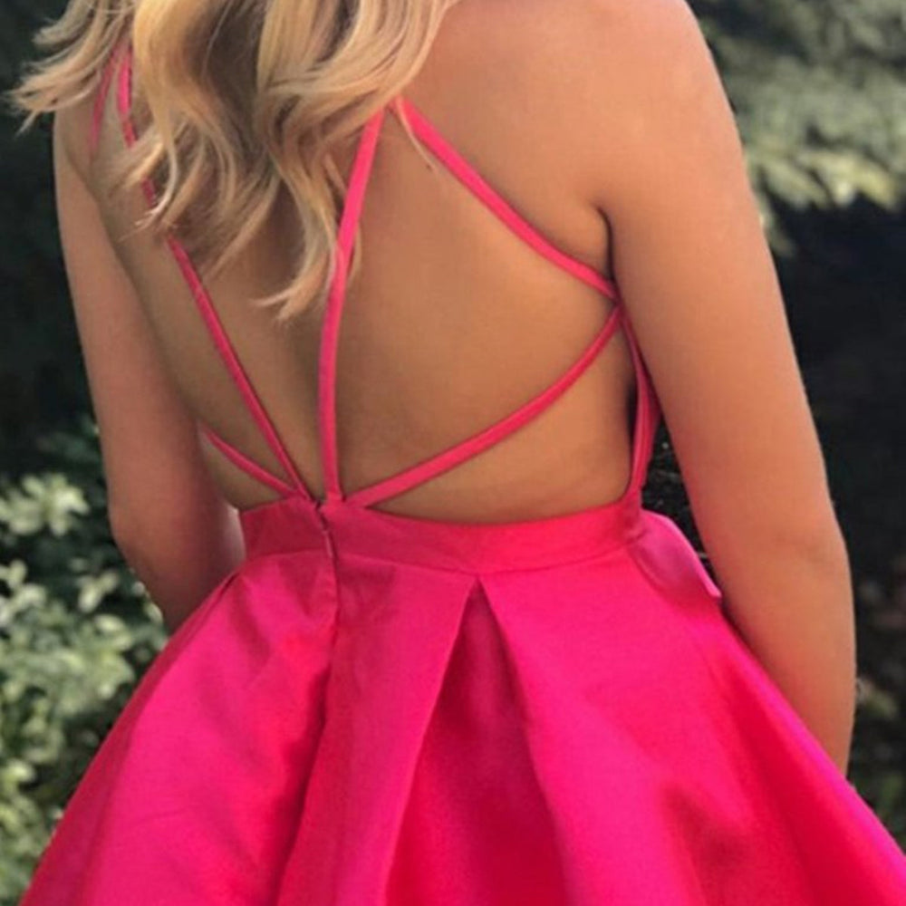 
                      
                        V Neck Open Back Hot Pink Prom Dresses, Backless Hot Pink Homecoming Dresses, Short Hot Pink Formal Evening Dresses 
                      
                    