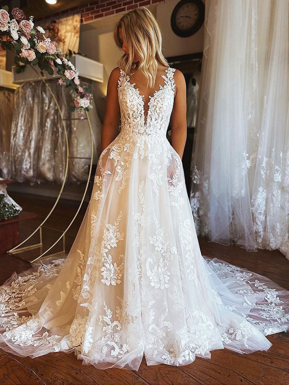 V Neck Open Back Ivory Lace Long Prom Wedding Dresses with Train, Ivory Lace Formal Evening Dresses 