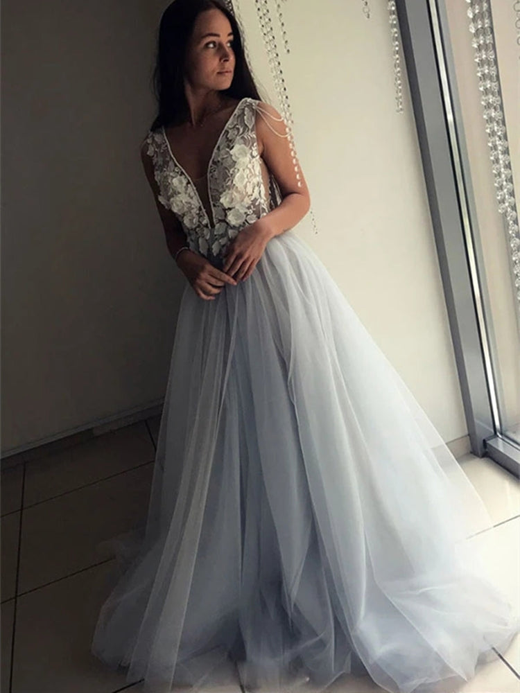 
                      
                        V Neck Open Back Lace Appliques Gray Long Prom Dresses, Open Back Lace Gray Formal Dresses, Gray Lace Evening Dresses
                      
                    