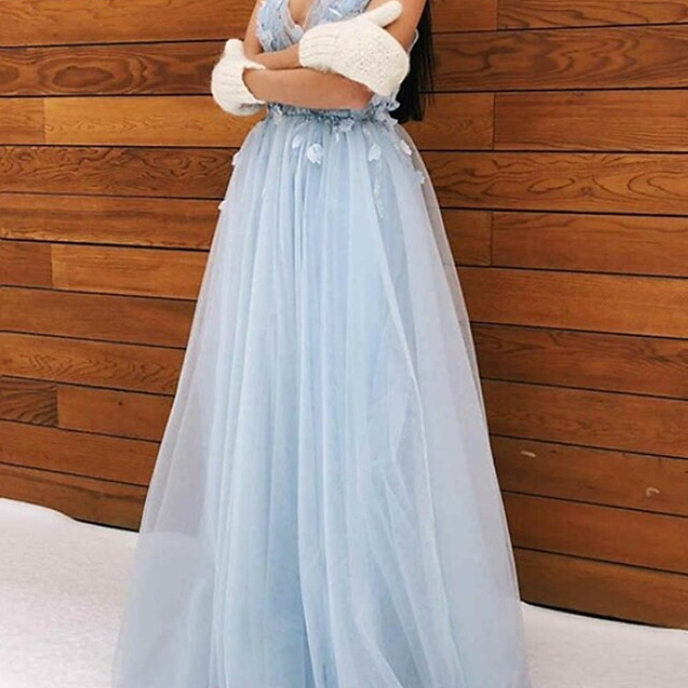 
                      
                        V Neck Open Back Light Blue Floral Long Prom Dresses, V Neck Light Blue Formal Evening Dresses with Flowers 
                      
                    