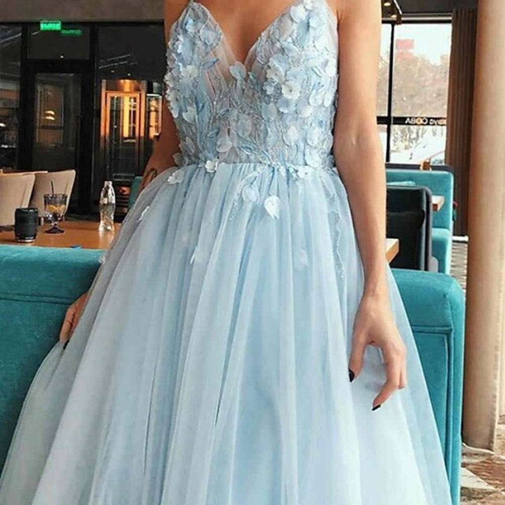 
                      
                        V Neck Open Back Light Blue Floral Long Prom Dresses, V Neck Light Blue Formal Evening Dresses with Flowers 
                      
                    