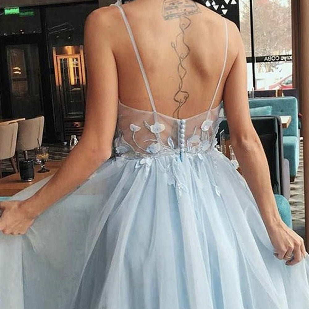 
                      
                        V Neck Open Back Light Blue Floral Long Prom Dresses, V Neck Light Blue Formal Evening Dresses with Flowers 
                      
                    