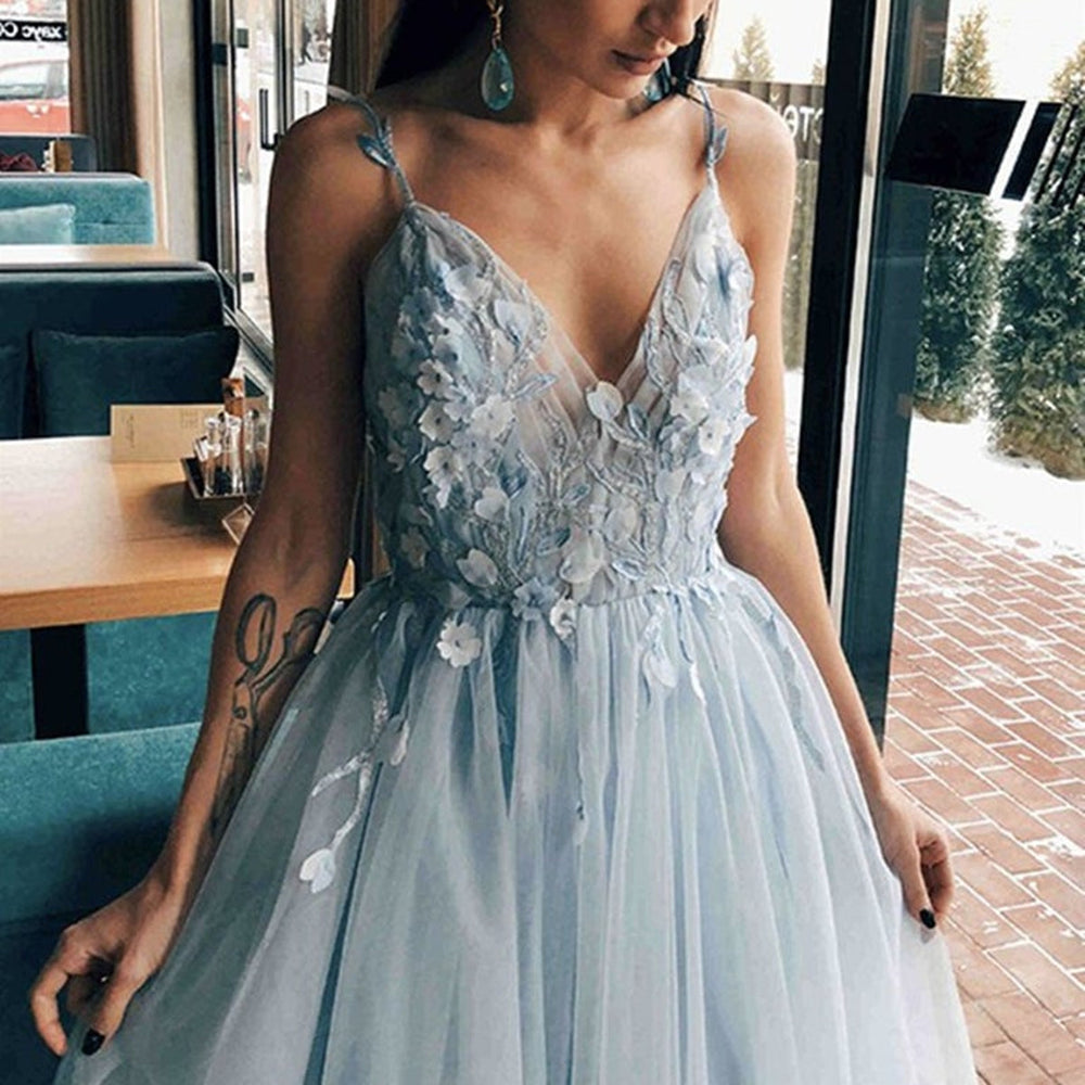 
                      
                        V Neck Open Back Light Blue Floral Long Prom Dresses, V Neck Light Blue Formal Evening Dresses with Flowers 
                      
                    