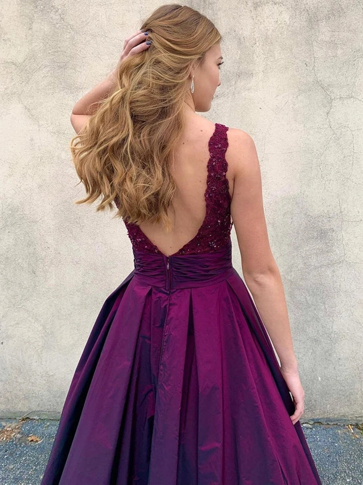 
                      
                        V Neck Open Back Purple Lace Long Prom Dresses with Pockets, V Neck Purple Lace Formal Dresses, Lace Purple Evening Dresses
                      
                    