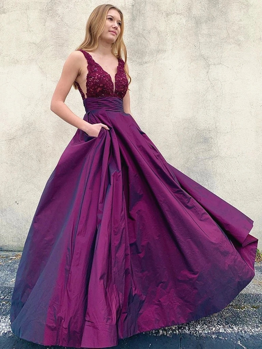 V Neck Open Back Purple Lace Long Prom Dresses with Pockets, V Neck Purple Lace Formal Dresses, Lace Purple Evening Dresses