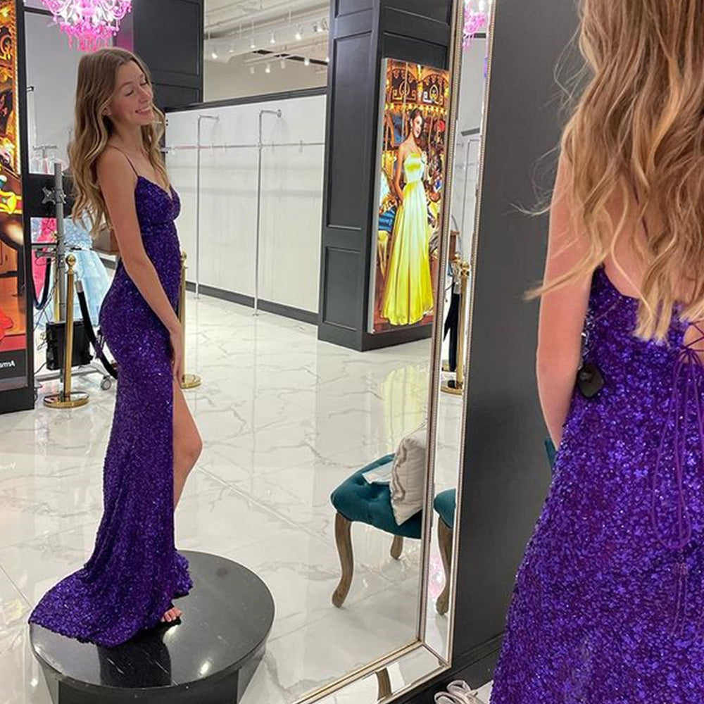 
                      
                        V Neck Open Back Purple Sequins Long Prom Dresses, High Slit Purple Formal Graduation Evening Dresses 
                      
                    